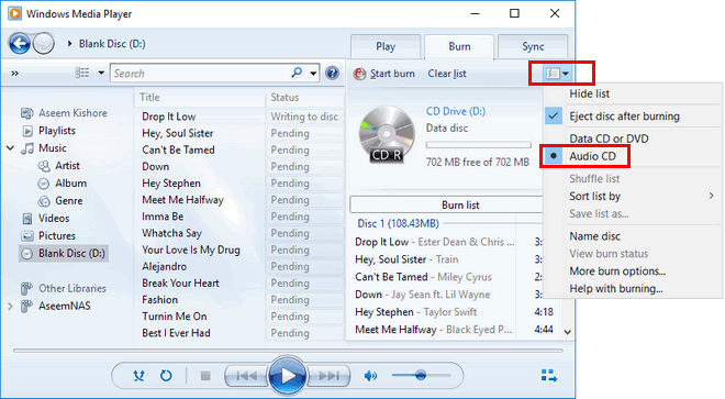 spotify cd mit windows media player für die abspielung im auto brennen